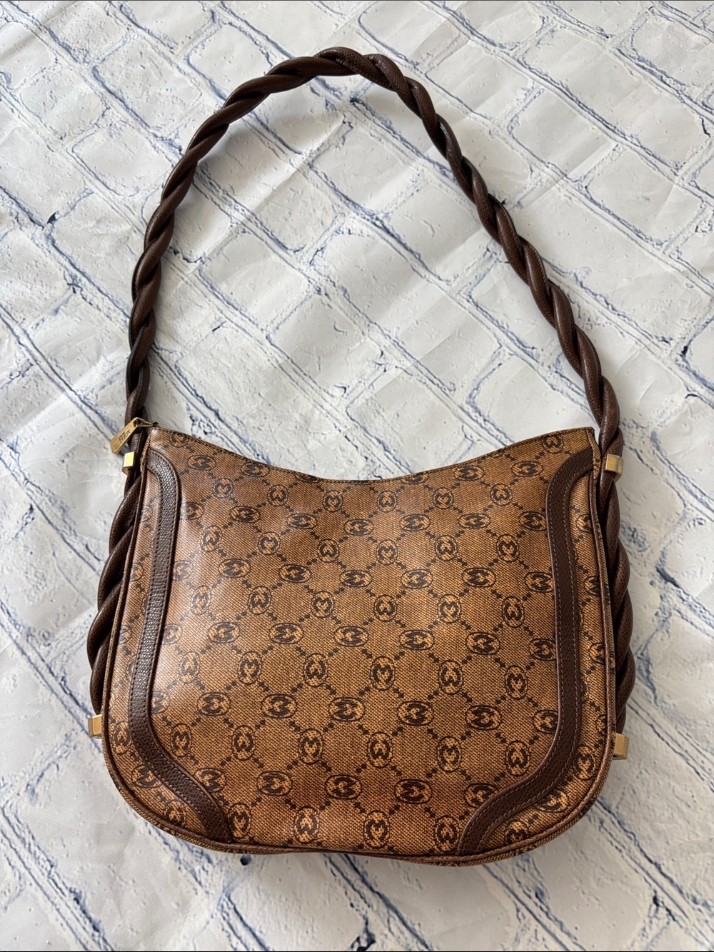 Vintage MORABITO Paris Monogram Brown Coated Canvas Shoulder Bag w/ Braided Stra